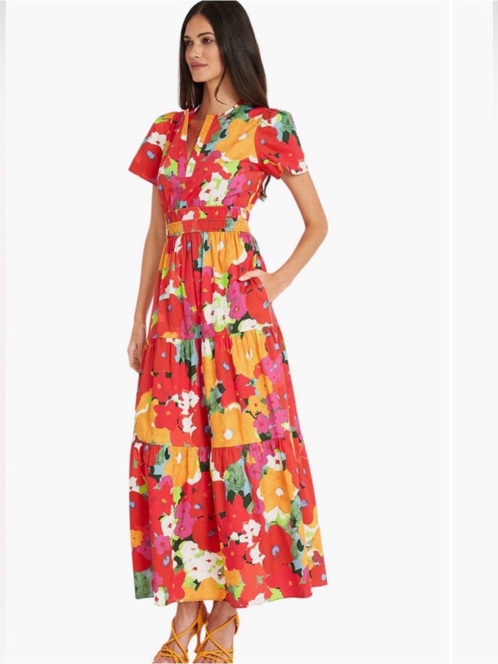 Maggy London Red Multicolor Floral Tiered Maxi Dress
